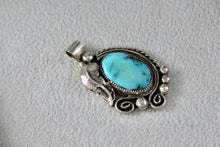 Load image into Gallery viewer, Native American Sterling Silver Leaf Turquoise Hand Made Pendant Signed JK
