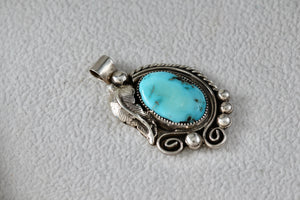 Native American Sterling Silver Leaf Turquoise Hand Made Pendant Signed JK