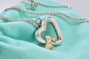 Tiffany & Co. Silver & 18K Gold Side Ribbon Bow Heart Pendant 16" Necklace