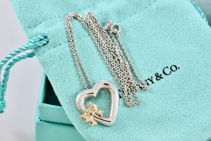 Tiffany & Co. Silver & 18K Gold Side Ribbon Bow Heart Pendant 16" Necklace