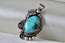 Load image into Gallery viewer, Native American Sterling Silver Leaf Turquoise Hand Made Pendant Signed JK
