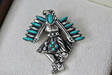 Load image into Gallery viewer, Sancrest Silver Dancing Native American Eagle Indian Warrior Faux Turquoise Bolo Tie
