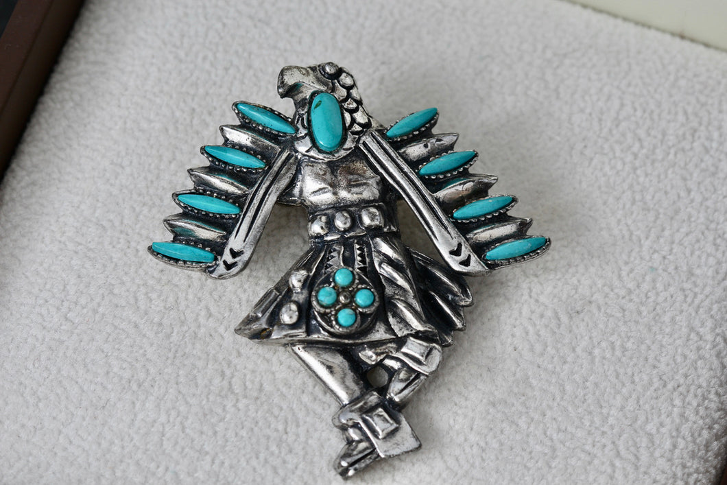 Sancrest Silver Dancing Native American Eagle Indian Warrior Faux Turquoise Bolo Tie