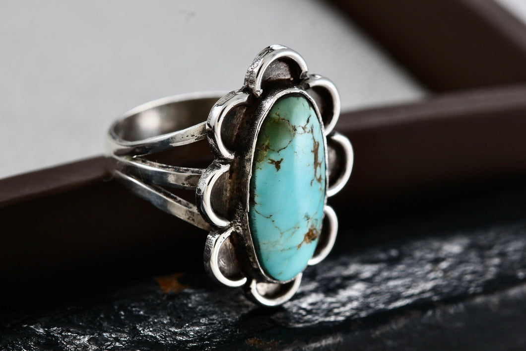 Sterling Silver Native American Long Turquoise Oval Handmade Ring Size 6.5