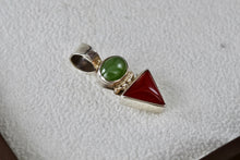 Load image into Gallery viewer, Sterling Silver Small Oval Green Peridot &amp; Red Coral Triangle Handmade Pendant Signed CRS
