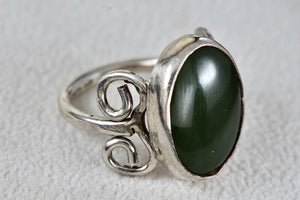Sterling Silver Large Oval Green Jade Handmade Ring Size 7