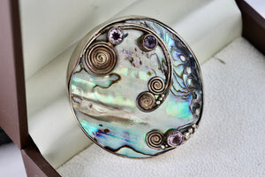 Sterling Silver Large Handmade Abalone Shell Inlay Purple Amethyst Medallion Pendant