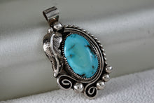 Load image into Gallery viewer, Native American Sterling Silver Leaf Turquoise Hand Made Pendant Signed JK
