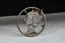 Load image into Gallery viewer, Handmade 1940&#39;s Silver American Mercury Dime 10 Cents Detailed Carved Pendant
