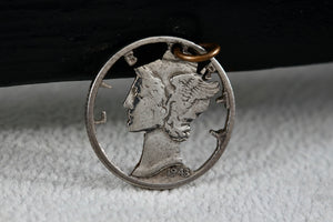 Handmade 1940's Silver American Mercury Dime 10 Cents Detailed Carved Pendant