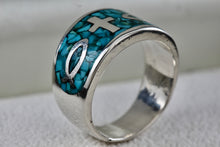 Load image into Gallery viewer, Native American Silver Large Turquoise Chip Inlay Fish &amp; Cross Christian Faith Ring Size 8.5
