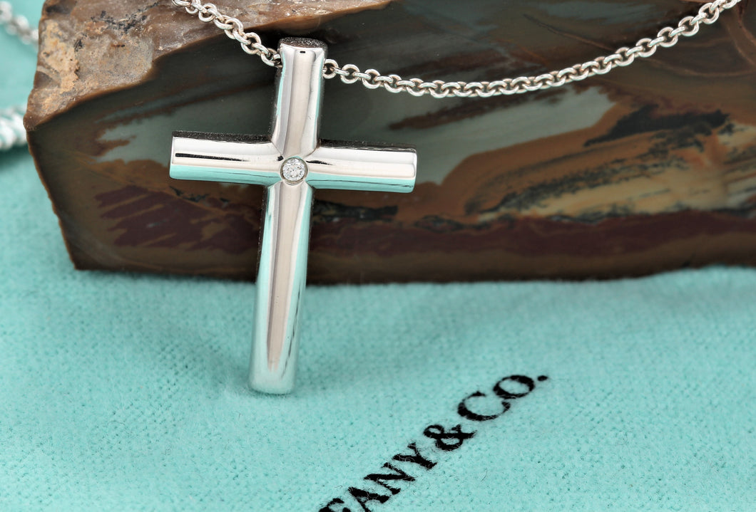 Tiffany & Co. Silver Diamond Large Cross Pendant Necklace