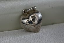 Load image into Gallery viewer, Sterling Silver Etched Carving Puffy Floating Heart Charm Pendant Signed
