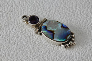 Sterling Silver Purple Amethyst Hinge Large Oval Abalone Shell Handmade Pendant