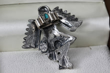 Load image into Gallery viewer, Sancrest Silver Dancing Native American Eagle Indian Warrior Faux Turquoise Bolo Tie
