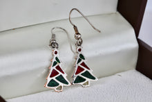 Load image into Gallery viewer, Silver Green &amp; Red Enamel Christmas Tree Dangle Earrings
