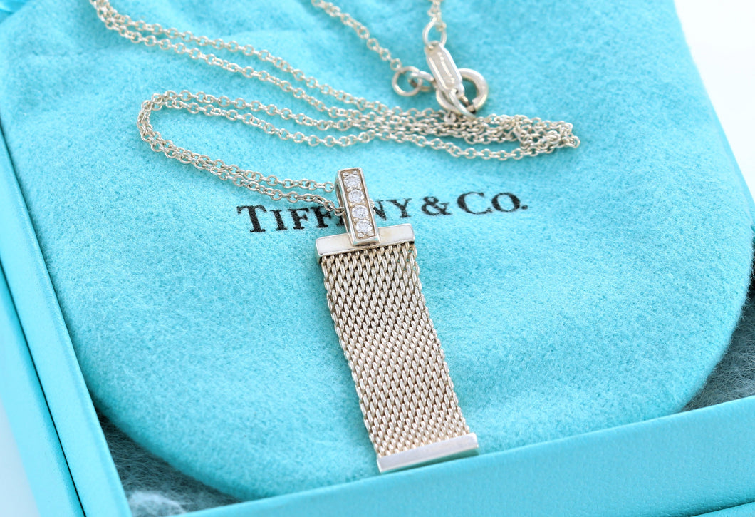 Tiffany & Co. Mesh Silver Diamond 4 Row Bar Pendant Necklace