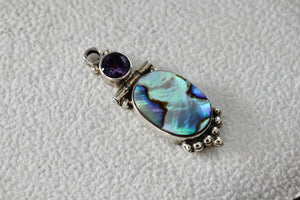 Sterling Silver Purple Amethyst Hinge Large Oval Abalone Shell Handmade Pendant