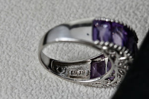 Sterling Silver Large Purple Amethysts Row Emerald Cut Filigree Dome Ring Size 9