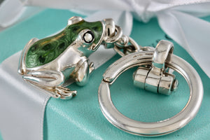 Tiffany & Co. Nature Vintage Silver Green Black Enamel Frog Pendant Keychain