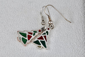 Silver Green & Red Enamel Christmas Tree Dangle Earrings