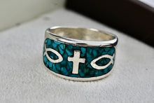 Load image into Gallery viewer, Native American Silver Large Turquoise Chip Inlay Fish &amp; Cross Christian Faith Ring Size 8.5
