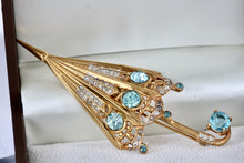 Load image into Gallery viewer, Sterling Silver Vermeil Umbrella Aquamarine Rhinestone 3.5&quot; Brooch Pin
