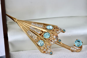 Sterling Silver Vermeil Umbrella Aquamarine Rhinestone 3.5" Brooch Pin