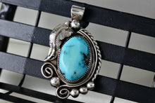 Load image into Gallery viewer, Native American Sterling Silver Leaf Turquoise Hand Made Pendant Signed JK
