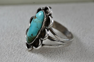 Sterling Silver Native American Long Turquoise Oval Handmade Ring Size 6.5