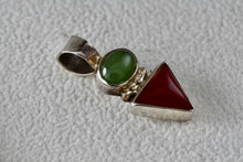 Load image into Gallery viewer, Sterling Silver Small Oval Green Peridot &amp; Red Coral Triangle Handmade Pendant Signed CRS
