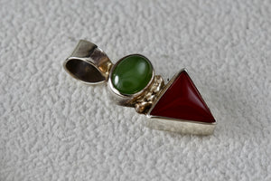 Sterling Silver Small Oval Green Peridot & Red Coral Triangle Handmade Pendant Signed CRS