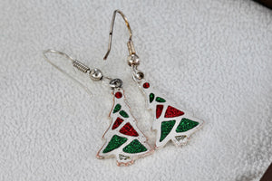 Silver Green & Red Enamel Christmas Tree Dangle Earrings