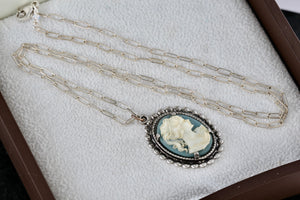 Sterling Silver Victorian Blue White Cameo Pendant 20" Necklace