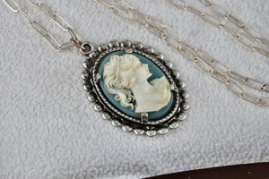 Sterling Silver Victorian Blue White Cameo Pendant 20" Necklace