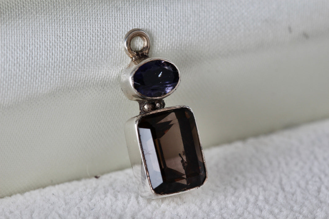 Sterling Silver Rectangle Smokey Quartz Oval Purple Amethyst Pendant