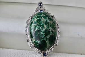 Stainless Steel Large Green Oval Malachite Blue Sapphire Charm Pendant 316L SS STS