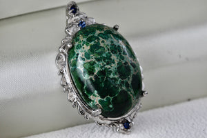 Stainless Steel Large Green Oval Malachite Blue Sapphire Charm Pendant 316L SS STS