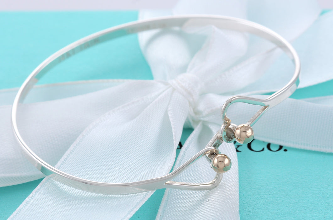 Tiffany & Co. 14K Gold Trim & Silver Double Heart Hook Bangle Bracelet