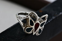 Load image into Gallery viewer, Native American Silver Handmade Butterly Red Coral &amp; Turquoise Chip Inlay Ring Sz. 6
