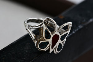 Native American Silver Handmade Butterly Red Coral & Turquoise Chip Inlay Ring Sz. 6