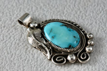 Load image into Gallery viewer, Native American Sterling Silver Leaf Turquoise Hand Made Pendant Signed JK
