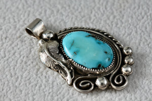 Native American Sterling Silver Leaf Turquoise Hand Made Pendant Signed JK