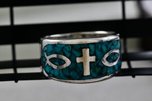 Load image into Gallery viewer, Native American Silver Large Turquoise Chip Inlay Fish &amp; Cross Christian Faith Ring Size 8.5
