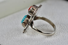 Load image into Gallery viewer, Sterling Silver Native American Turquoise &amp; Red Coral Owl Handmade Ring Size 5
