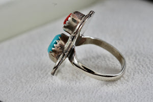 Sterling Silver Native American Turquoise & Red Coral Owl Handmade Ring Size 5