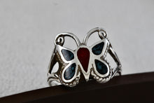 Load image into Gallery viewer, Native American Silver Handmade Butterly Red Coral &amp; Turquoise Chip Inlay Ring Sz. 6
