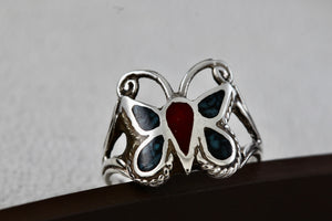 Native American Silver Handmade Butterly Red Coral & Turquoise Chip Inlay Ring Sz. 6