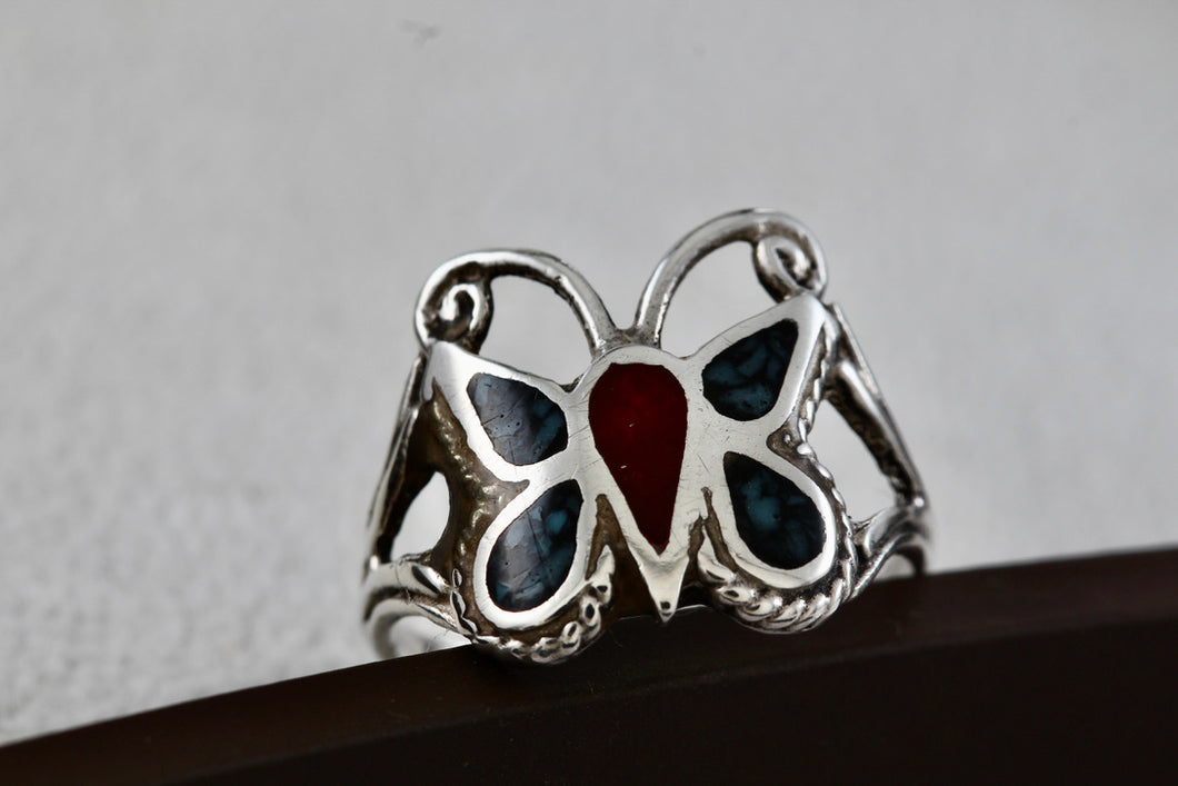 Native American Silver Handmade Butterly Red Coral & Turquoise Chip Inlay Ring Sz. 6