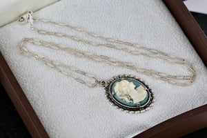 Sterling Silver Victorian Blue White Cameo Pendant 20" Necklace